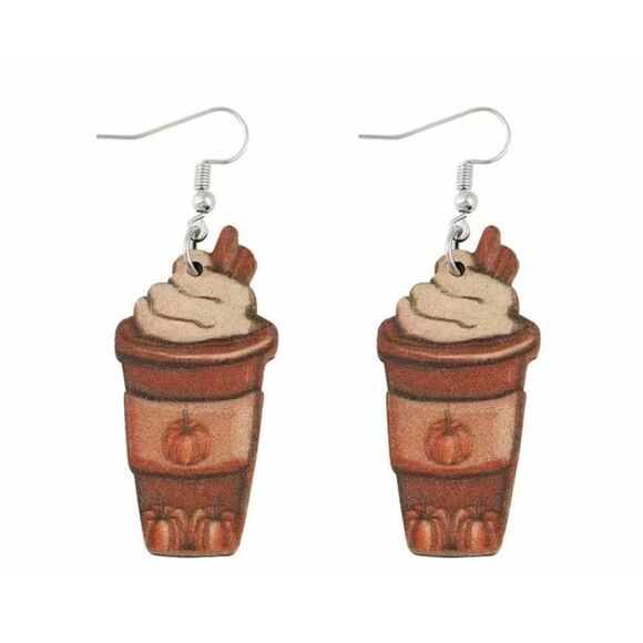 NWT Wooden Pumpkin Coffee Cup Design Autumn Fall Dangle Earrings - Picture 4 of 6